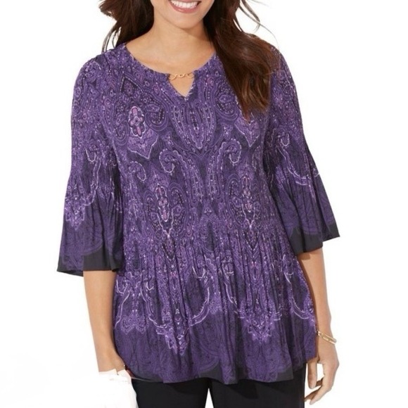 Catherines Tops - Catherines Purple Affinity Chain‎ Pleated Georgette 3/4 Sleeve Blouse Size 4X